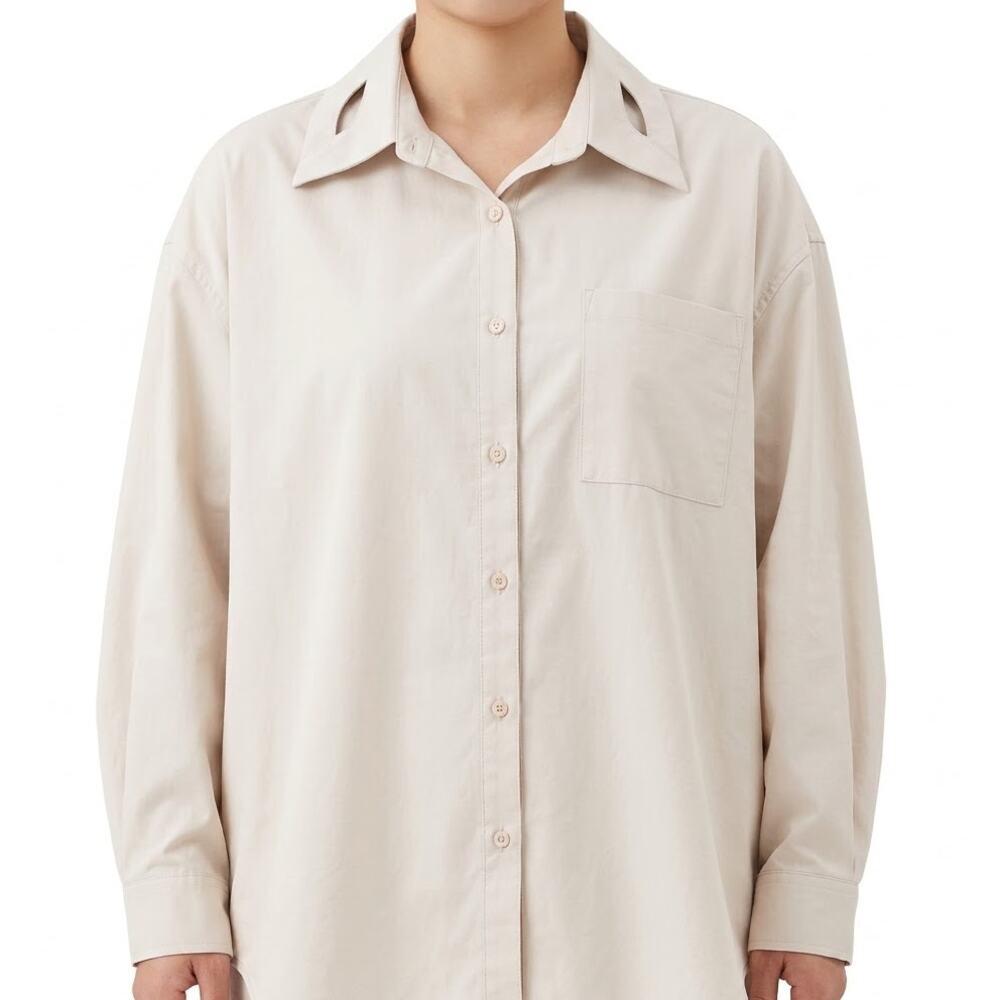Moonlee Beige Collared Cut Out Button Up Blouse Oversize Top Size L NEW Tags